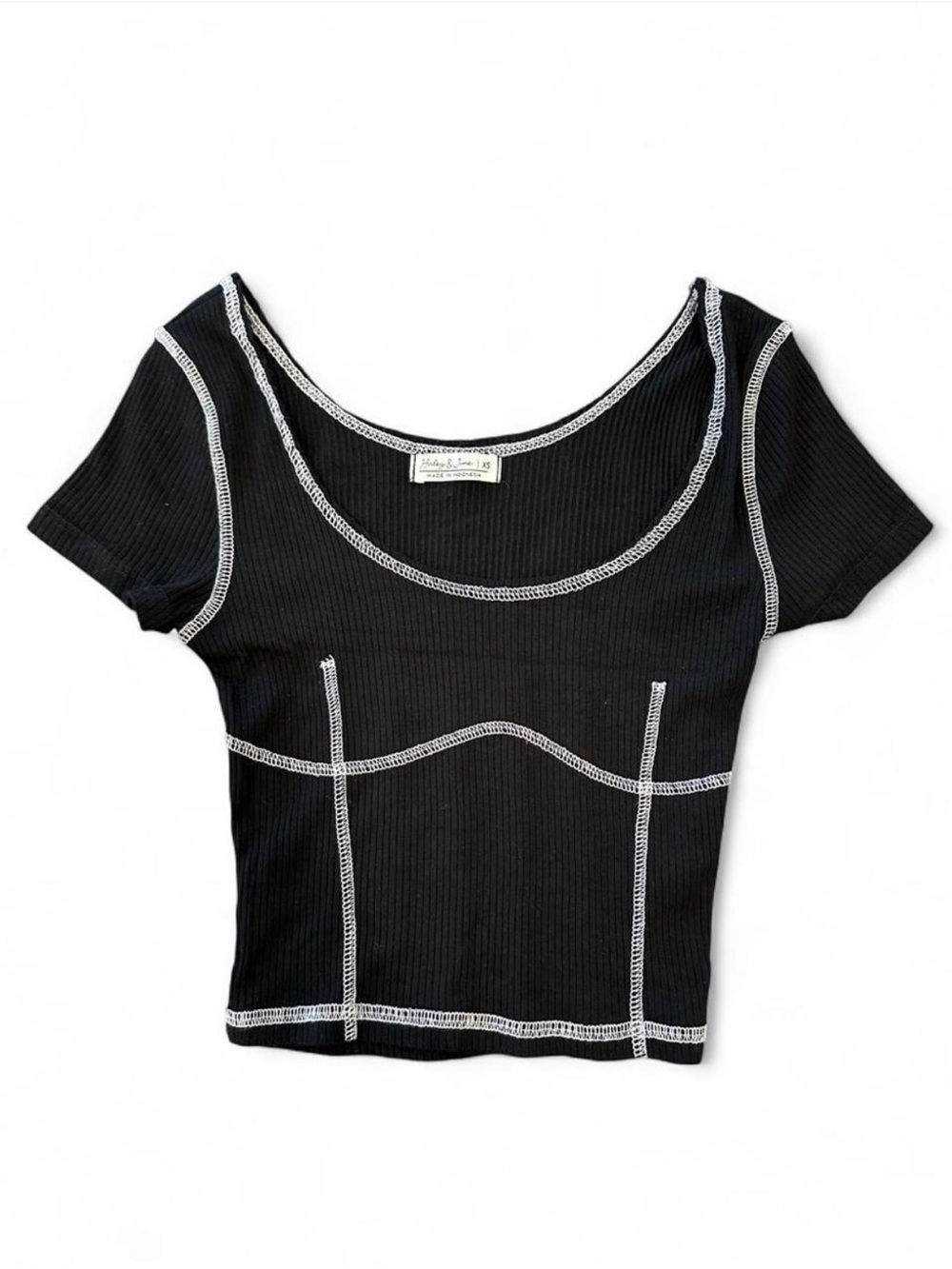 Haley & June Contrast Stitch Black Ribbed Crop Top